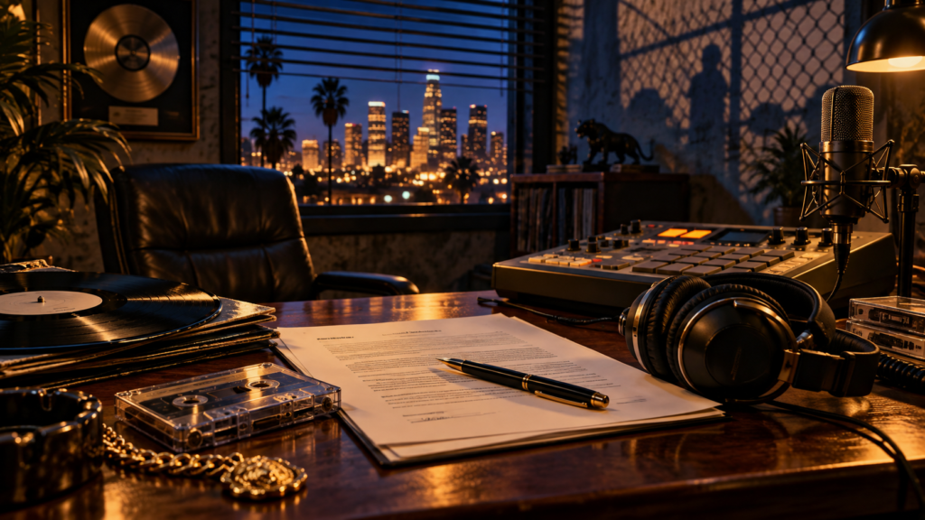 a music studio with a contract on the table